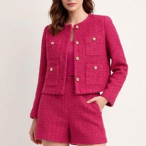 Women's Fuchsia Tweed Boxy Jacket